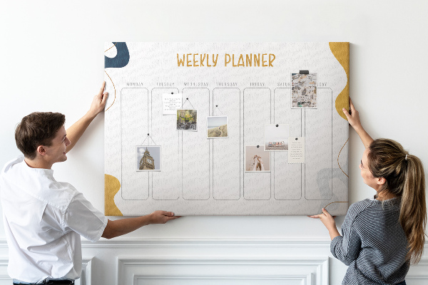 Kurkbord weekplanner met een abstract kleurrijk patroon