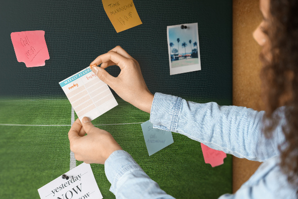Kurk prikbord voetbalveld met belijning en gras