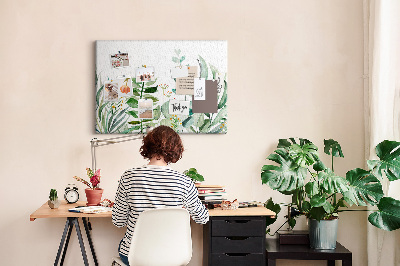 Kurkbord met tropische bladeren in delicate tinten