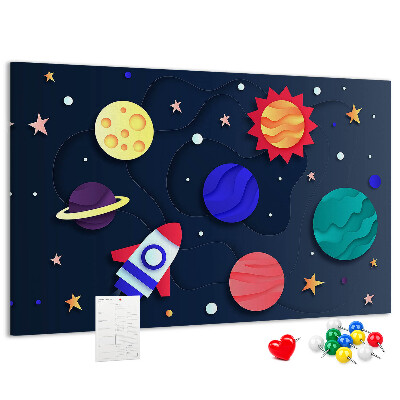 Kurk prikbord met een ruimtereis langs kleurrijke planeten
