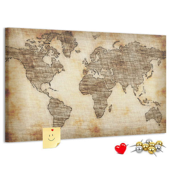 Kurk prikbord met een afbeelding van een oude wereldkaart op canvas