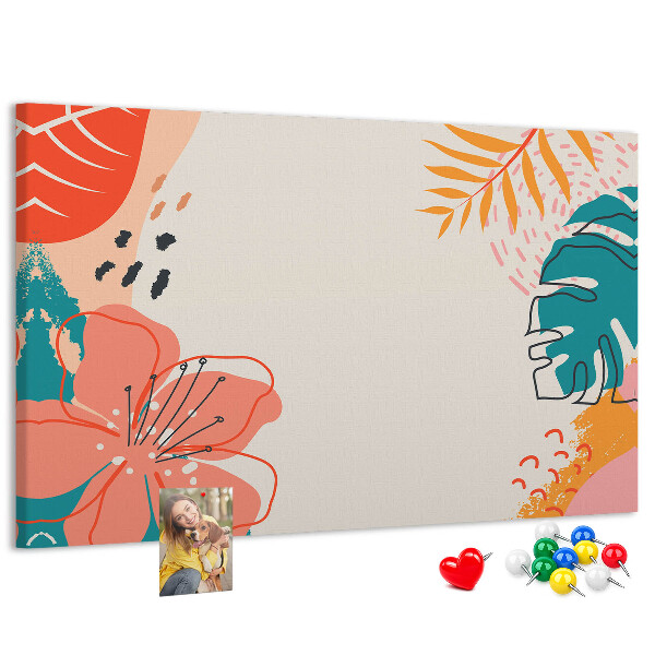 Kurk prikbord met tropisch patroon van kleurrijke bladeren en bloemen