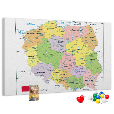 Kurken prikbord met kaart van Polen en gekleurde woiwodschappen