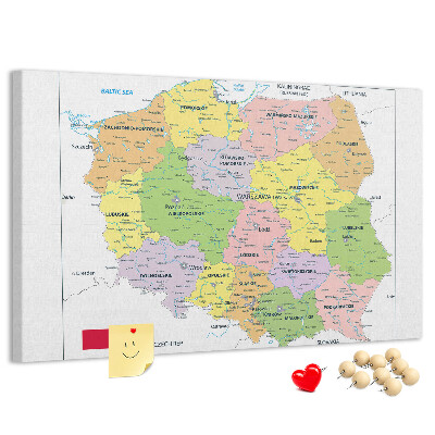 Kurken prikbord met kaart van Polen en gekleurde woiwodschappen
