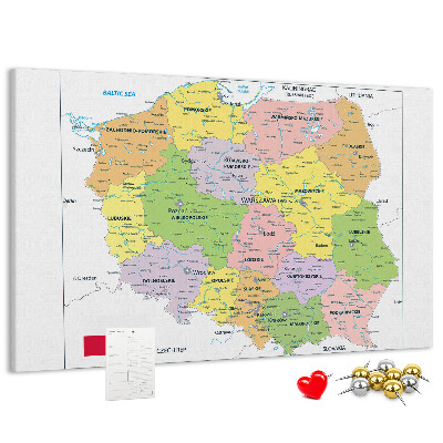Kurken prikbord met kaart van Polen en gekleurde woiwodschappen