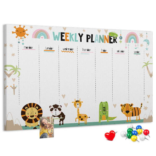 Kurk prikbord met een kleurrijke weekplanner en dierenprint