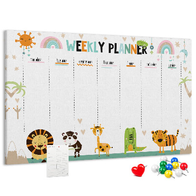 Kurk prikbord met een kleurrijke weekplanner en dierenprint