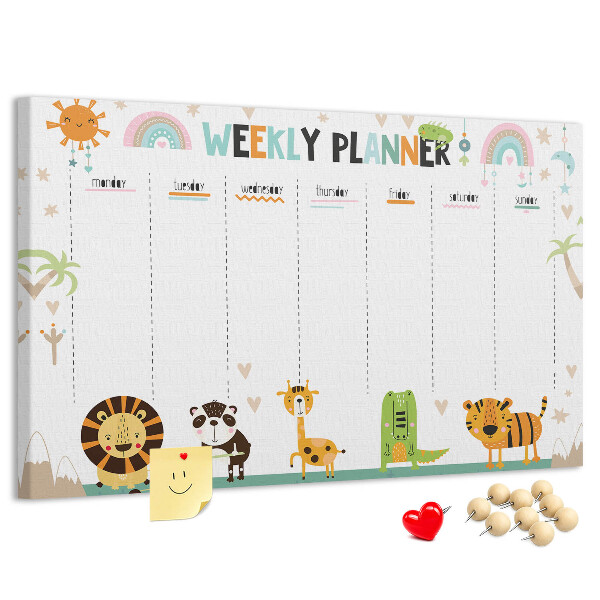 Kurk prikbord met een kleurrijke weekplanner en dierenprint