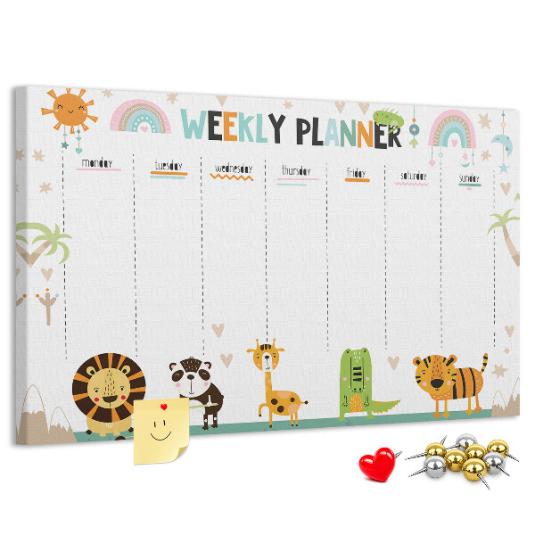 Kurk prikbord met een kleurrijke weekplanner en dierenprint