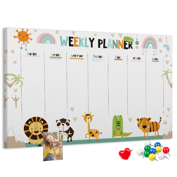 Kurk prikbord met een kleurrijke weekplanner en dierenprint