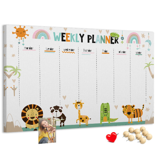 Kurk prikbord met een kleurrijke weekplanner en dierenprint