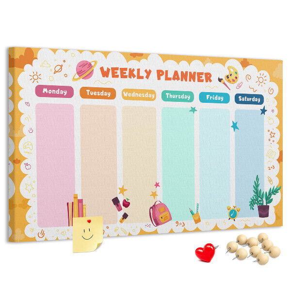 Kurkbord met een kleurrijke weekplanner en schoolthema's
