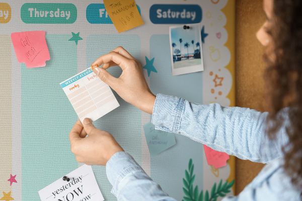 Kurkbord met een kleurrijke weekplanner en schoolthema's