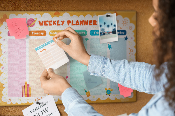 Kurkbord met een kleurrijke weekplanner en schoolthema's