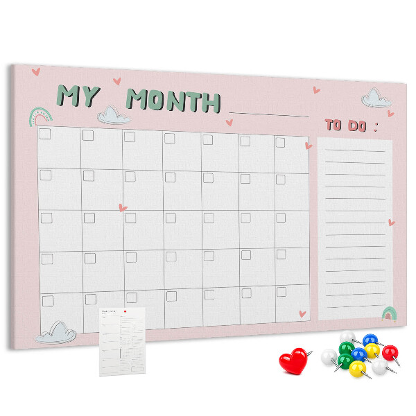 Kurken prikbord roze kalender met wolkjes en hartjes