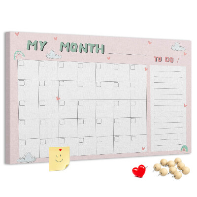 Kurken prikbord roze kalender met wolkjes en hartjes