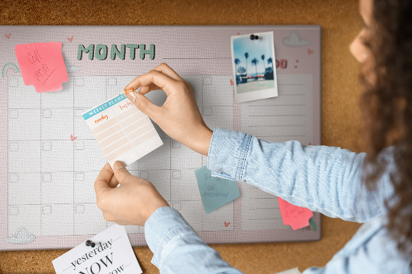 Kurken prikbord roze kalender met wolkjes en hartjes