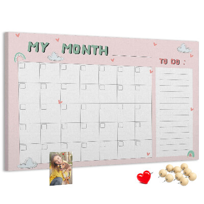 Kurken prikbord roze kalender met wolkjes en hartjes