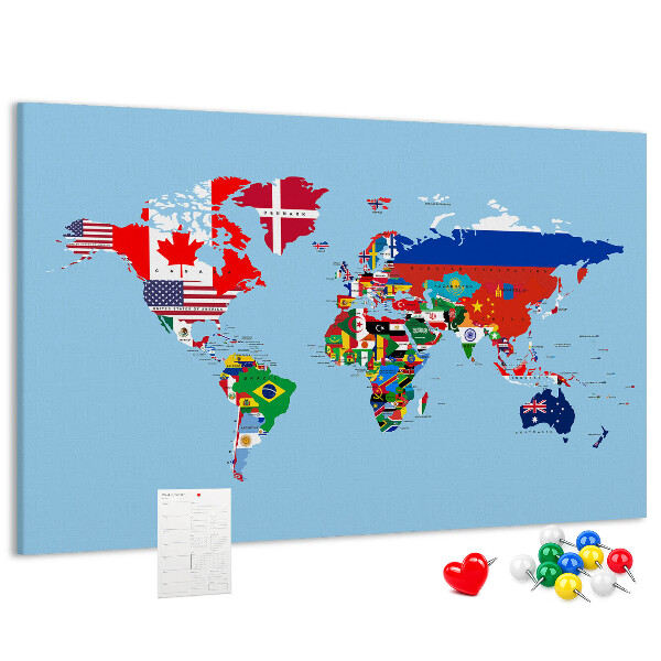 Kurkbord wereldkaart met landvlaggen