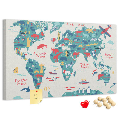 Prikbord kleurrijke wereldkaart met dierenpictogrammen