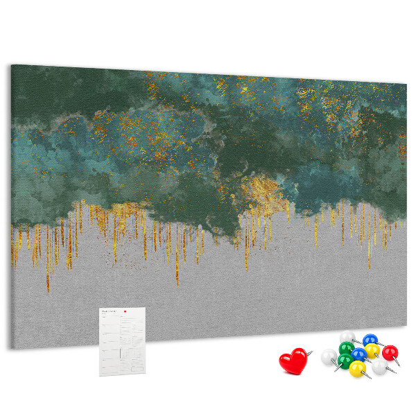 Prikbord met gouden druppels op een blauwe wolkenachtergrond
