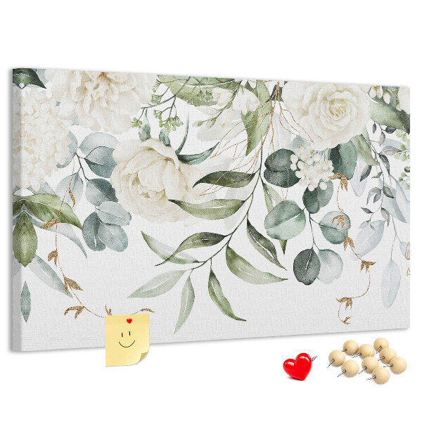 Prikbord met bloemmotieven en groene bladeren