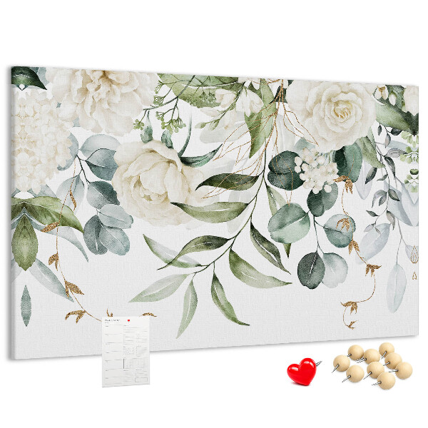 Prikbord met bloemmotieven en groene bladeren