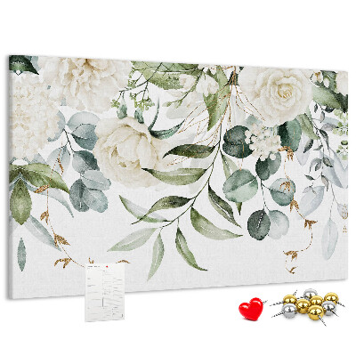 Prikbord met bloemmotieven en groene bladeren