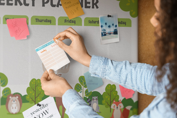 Kurk prikbord met een wekelijks bosplan en schattige dieren