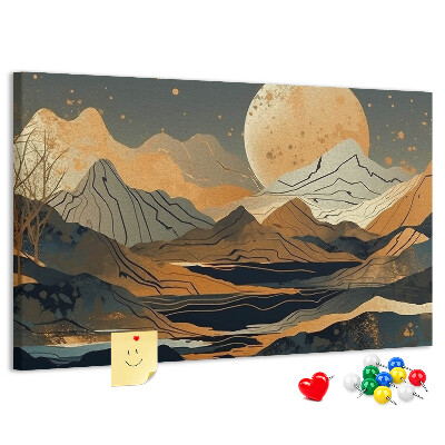 Prikbord met een afbeelding van een berglandschap bij maanlicht