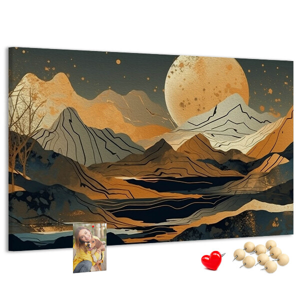 Prikbord met een afbeelding van een berglandschap bij maanlicht