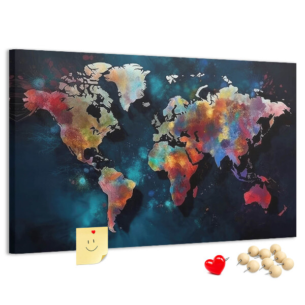 Prikbord wereldkaart in kleur op een donkere achtergrond