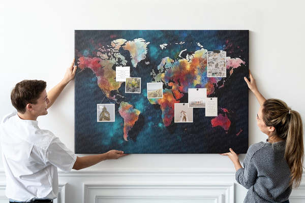 Prikbord wereldkaart in kleur op een donkere achtergrond