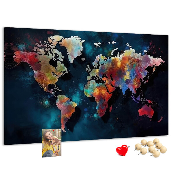Prikbord wereldkaart in kleur op een donkere achtergrond