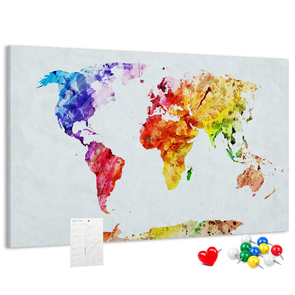 Kurk prikbord met een kleurrijke aquarel wereldkaart