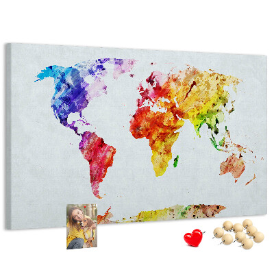 Kurk prikbord met een kleurrijke aquarel wereldkaart