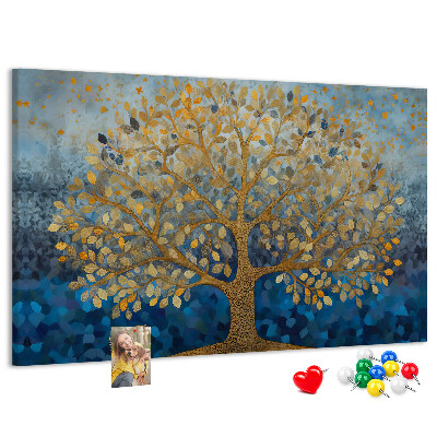 Kurk prikbord met bladgoud op een blauwe boomachtergrond