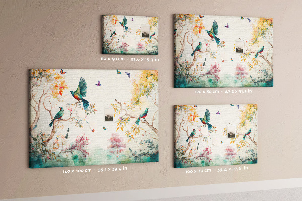 Prikbord met een afbeelding van kleurrijke vogels in een lentelandschap