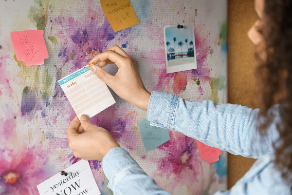 Kurkbord met aquareltekeningen van bloemen in verschillende tinten roze