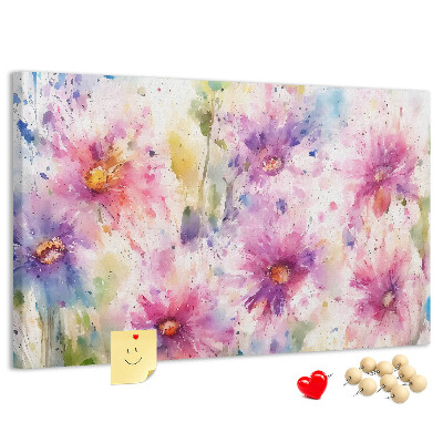 Kurkbord met aquareltekeningen van bloemen in verschillende tinten roze