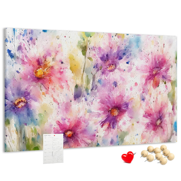 Kurkbord met aquareltekeningen van bloemen in verschillende tinten roze