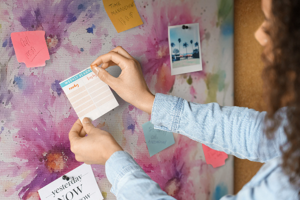 Kurkbord met aquareltekeningen van bloemen in verschillende tinten roze