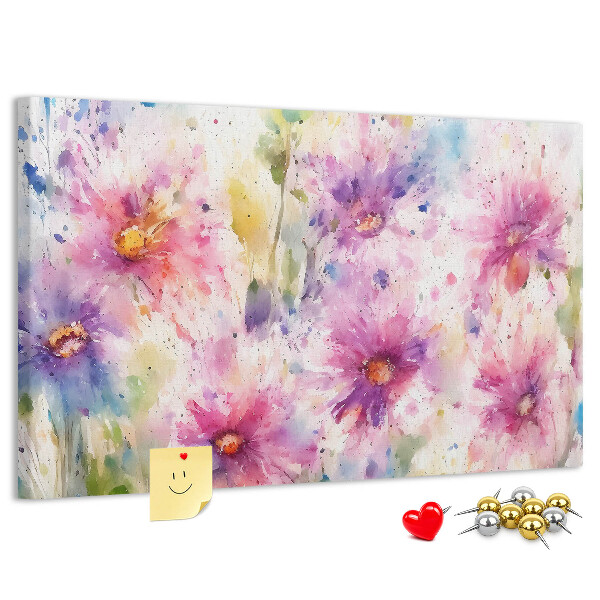Kurkbord met aquareltekeningen van bloemen in verschillende tinten roze