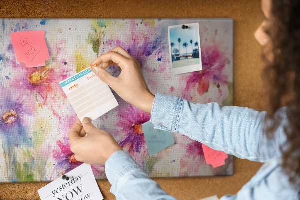 Kurkbord met aquareltekeningen van bloemen in verschillende tinten roze