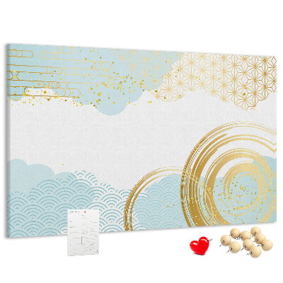 Prikbord met gouden spiralen op een blauwe achtergrond