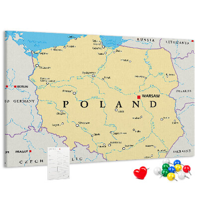 Kurkbord kaart van Polen met aanduiding van Warschau