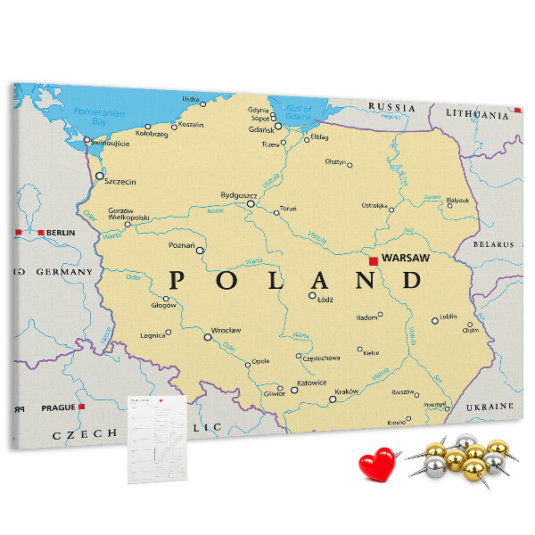 Kurkbord kaart van Polen met aanduiding van Warschau