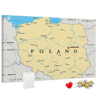 Kurkbord kaart van Polen met aanduiding van Warschau