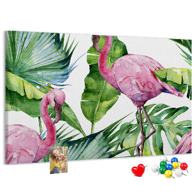 Prikbord met een tropische afbeelding van roze flamingo's