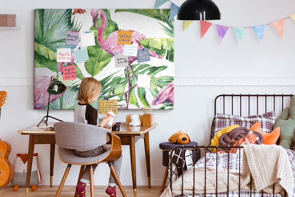 Prikbord met een tropische afbeelding van roze flamingo's